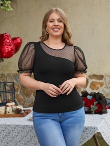 SHEIN Clasi Camiseta con malla jacquard en contraste de manga farol - Negro - Ver 6