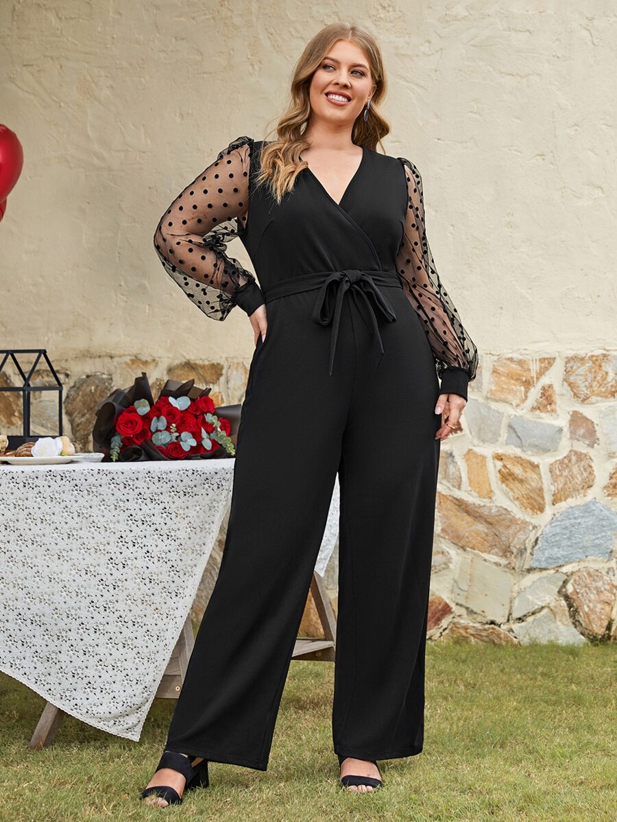 SHEIN Clasi Plus Contrast Dobby Mesh Lantern Sleeve Belted Jumpsuit - Black - View 1