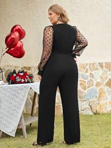 SHEIN Clasi Plus Contrast Dobby Mesh Lantern Sleeve Belted Jumpsuit - Black - View 2