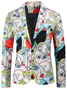 Men Lapel Collar Figure Graphic Single Button Blazer - Multicolor - View 1