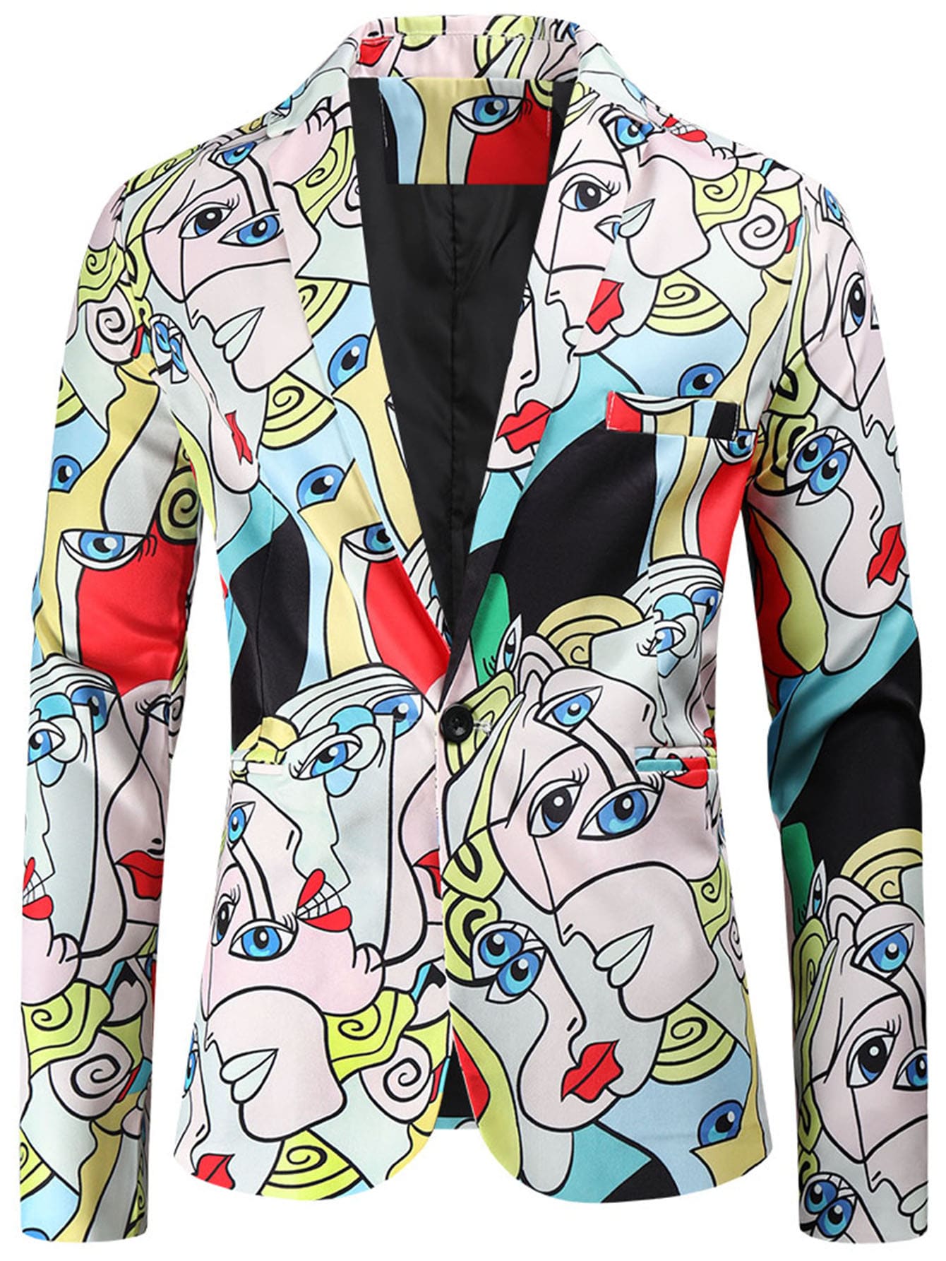 Men Lapel Collar Figure Graphic Single Button Blazer - Multicolor - View 1