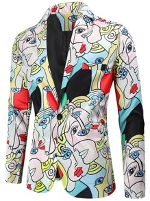 Men Lapel Collar Figure Graphic Single Button Blazer - Multicolor - View 3