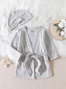 Bebé niño Bata con cinturón tejido jaspeado - Gris - Ver 1