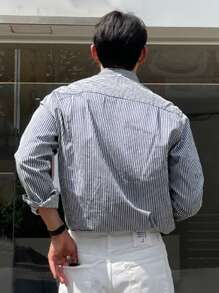 DAZY Men Cotton Striped Print Button Front Shirt,Fall Clothes Long Sleeve Men Shirt - Blue and White - View 2