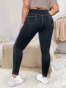 SHEIN EZwear Plus Top-stitching Skinny Trousers - Navy Blue - View 2