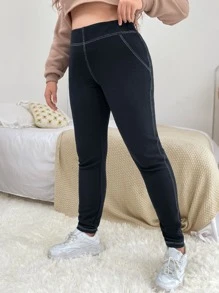 SHEIN EZwear Plus Top-stitching Skinny Trousers - Navy Blue - View 3