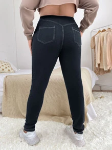 SHEIN EZwear Plus Top-stitching Skinny Trousers - Navy Blue - View 6