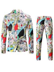 Hombres Conjunto pantalones con blazer con botón con estampado de figura - Multicolor - Ver 2