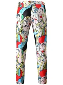 Hombres Conjunto pantalones con blazer con botón con estampado de figura - Multicolor - Ver 4
