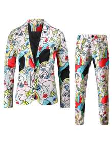 Hombres Conjunto pantalones con blazer con botón con estampado de figura - Multicolor - Ver 6