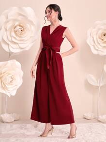 Modelyn Burgundy Red Surplice Neck Belted Wide Leg Jumpsuit - Burgundy - View 4