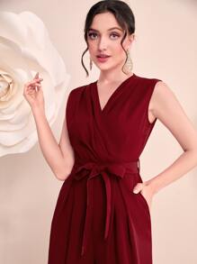 Modelyn Burgundy Red Surplice Neck Belted Wide Leg Jumpsuit - Burgundy - View 5