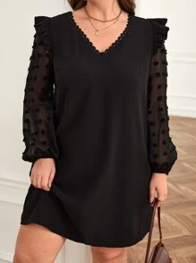 SHEIN Frenchy Plus Swiss Dot Ruffle Trim Lantern Sleeve Tunic Dress - Black - View 2