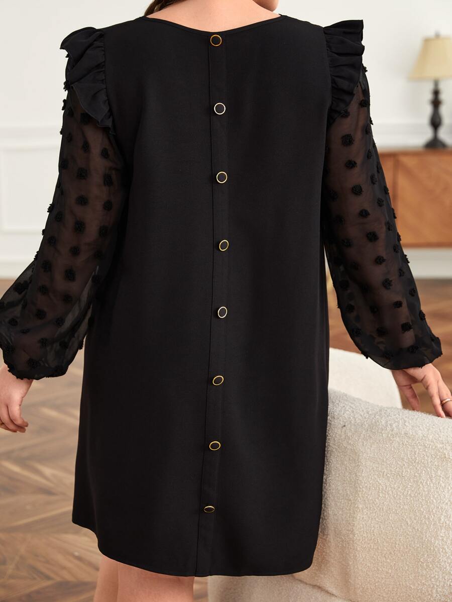 SHEIN Frenchy Plus Swiss Dot Ruffle Trim Lantern Sleeve Tunic Dress - Black - View 1