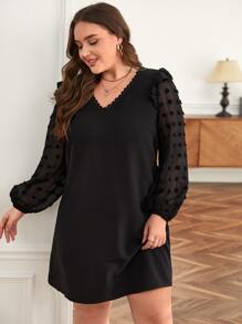 SHEIN Frenchy Plus Swiss Dot Ruffle Trim Lantern Sleeve Tunic Dress - Black - View 5