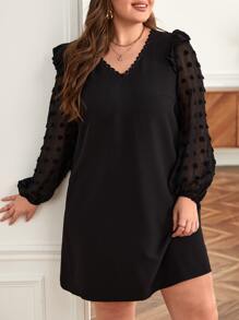 SHEIN Frenchy Plus Swiss Dot Ruffle Trim Lantern Sleeve Tunic Dress - Black - View 6