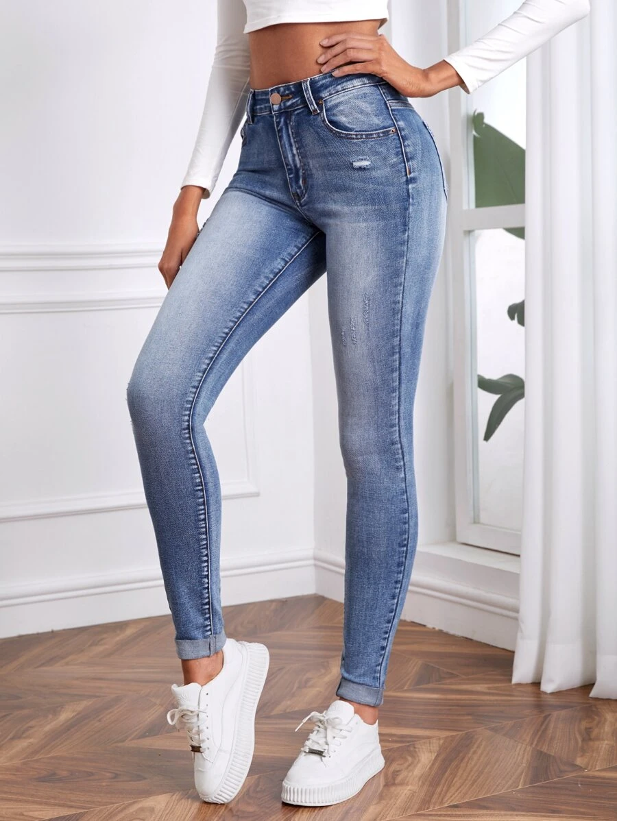 SHEIN Tall High Waist Skinny Jeans - Light Wash - View 1