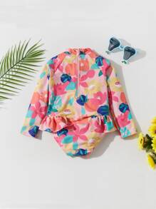 小女童印花高領插肩袖荷葉邊下擺腰連體泳衣 - 彩色 - 查看 2