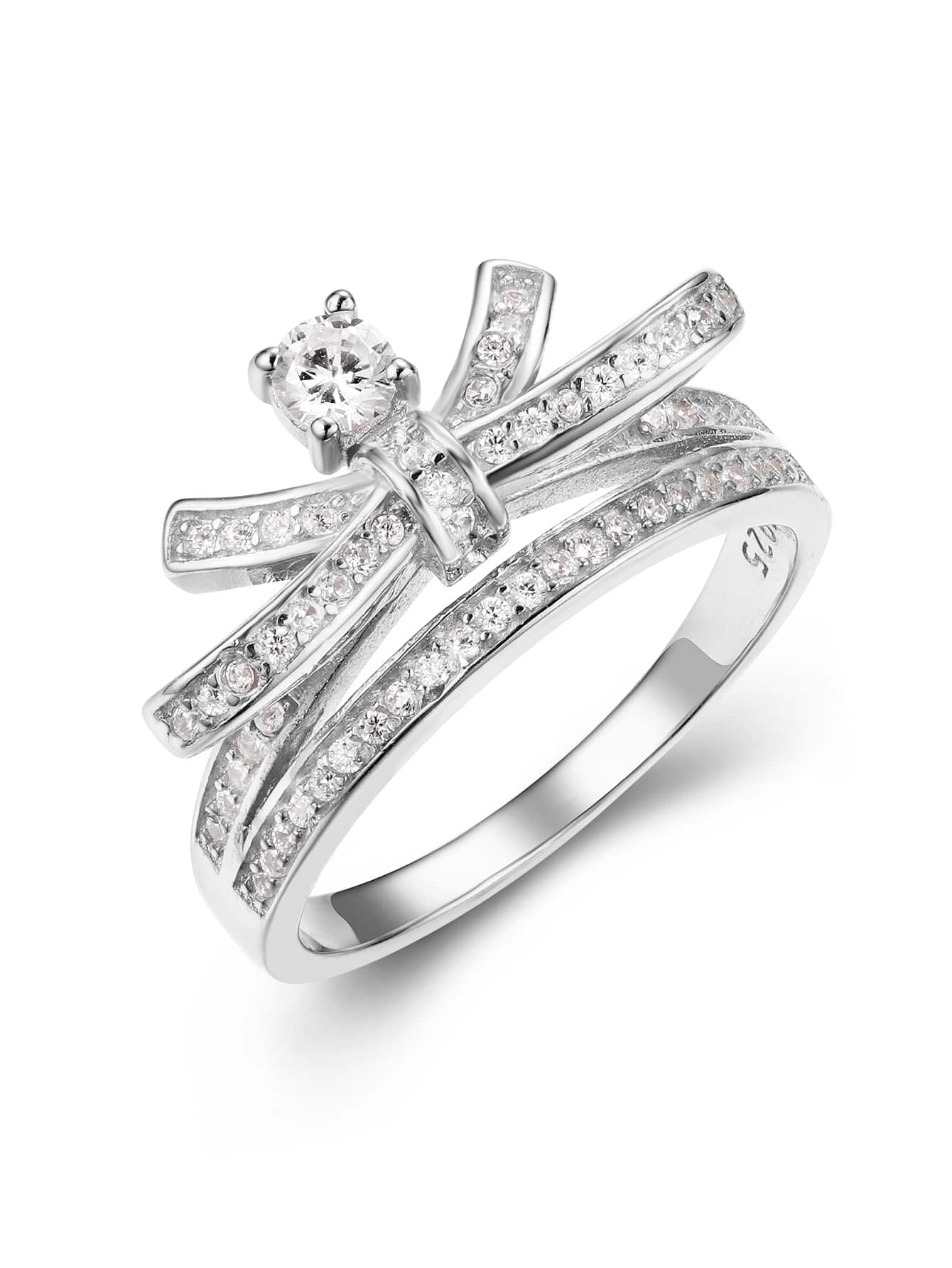 Anillo de bodas de plata con decoración de lazo de circonita cúbica - Plateado - Ver 1