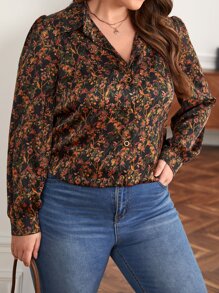 SHEIN Frenchy Plus Floral Print Button Front Shirt - Multicolor - View 1