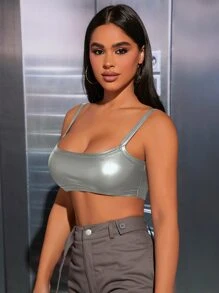 SHEIN PETITE Solid Crop PU Cami Top