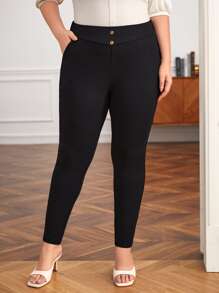 SHEIN Frenchy Plus Button Front Skinny Trousers - Black - View 3