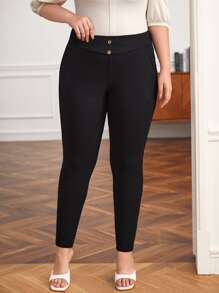 SHEIN Frenchy Plus Button Front Skinny Trousers - Black - View 6