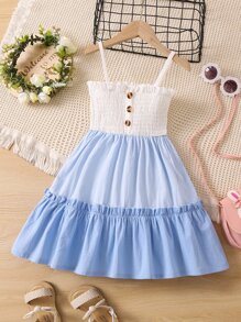 SHEIN Toddler Girls Colourblock Frill Trim Shirred Ruffle Hem Cami Dress - Blue and White - View 1