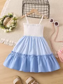 SHEIN Toddler Girls Colourblock Frill Trim Shirred Ruffle Hem Cami Dress - Blue and White - View 2