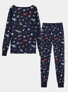 Boys Cartoon Graphic Snug Fit PJ Set - Navy Blue - View 2
