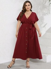 SHEIN LUNE Vestido con cinturón unicolor con botón delantero - Burdeos - Ver 1