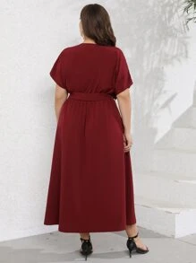 SHEIN LUNE Vestido con cinturón unicolor con botón delantero - Burdeos - Ver 2