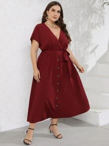 SHEIN LUNE Vestido con cinturón unicolor con botón delantero - Burdeos - Ver 4