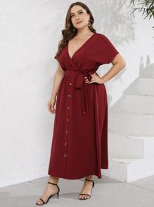 SHEIN LUNE Vestido con cinturón unicolor con botón delantero - Burdeos - Ver 5