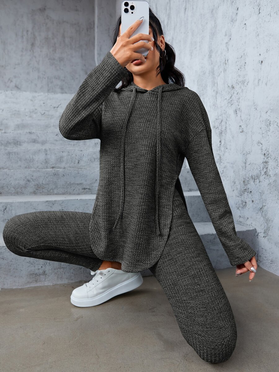 SHEIN PETITE Marled Knit Drop Shoulder Split Hem Drawstring Hoodie & Leggings - Dark Grey - View 1
