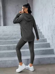 SHEIN PETITE Marled Knit Drop Shoulder Split Hem Drawstring Hoodie & Leggings - Dark Grey - View 2