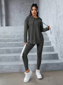 SHEIN PETITE Marled Knit Drop Shoulder Split Hem Drawstring Hoodie & Leggings - Dark Grey - View 3