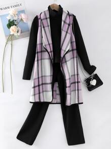 Girls Plaid Print Waterfall Collar Coat & Tee & Trousers - Multicolor - View 1