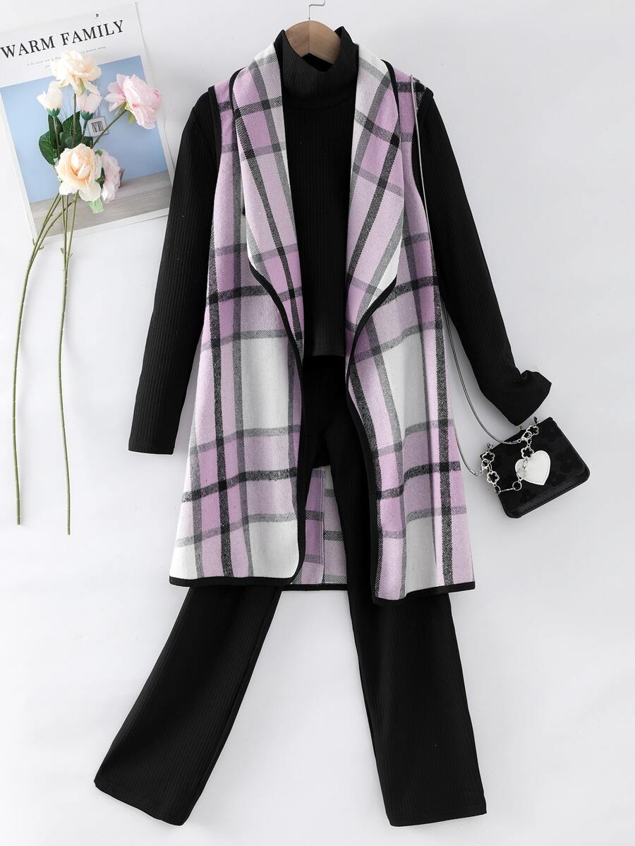 Girls Plaid Print Waterfall Collar Coat & Tee & Trousers - Multicolor - View 1