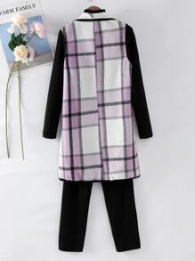 Girls Plaid Print Waterfall Collar Coat & Tee & Trousers - Multicolor - View 2