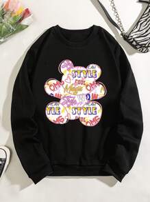 SHEIN EZwear Bear And Letter Graphic Thermal Lined Sweatshirt - Black - View 1