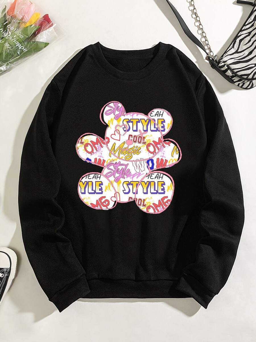 SHEIN EZwear Bear And Letter Graphic Thermal Lined Sweatshirt - Black - View 1