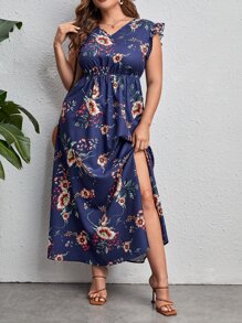 SHEIN VCAY 大碼印花荷葉邊高衩連衣裙 - 藏蓝色 - 查看 1