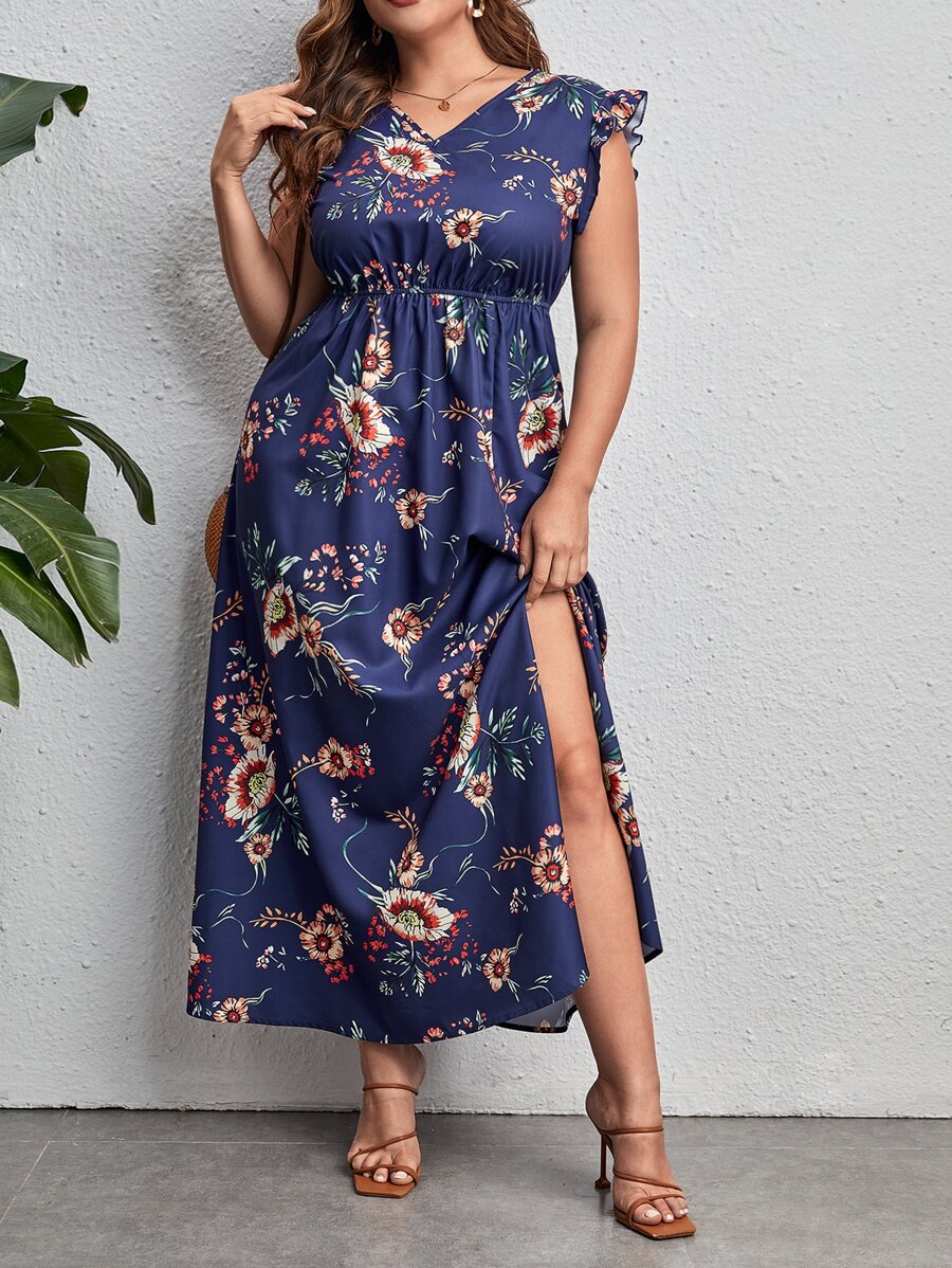 SHEIN VCAY 大碼印花荷葉邊高衩連衣裙 - 藏蓝色 - 查看 1