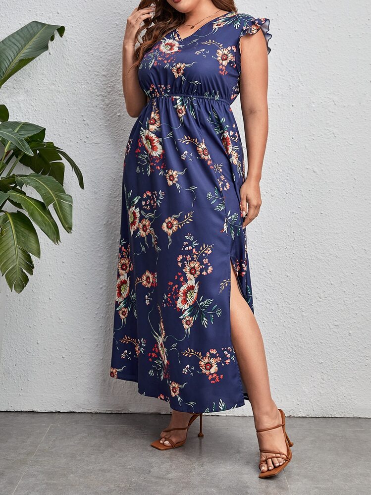 SHEIN VCAY קפל ירך חצוי פרחוני בוהו שמלה במידה גדולה - כחול נייבי - ראה 3