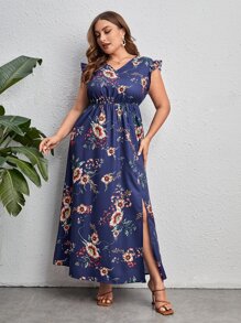 SHEIN VCAY 大碼印花荷葉邊高衩連衣裙 - 藏蓝色 - 查看 4