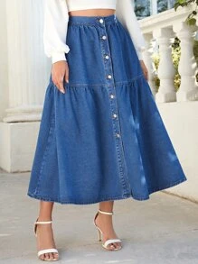 SHEIN Essnce 前紐扣荷葉邊牛仔半身裙 - 中等水洗藍 - 查看 5