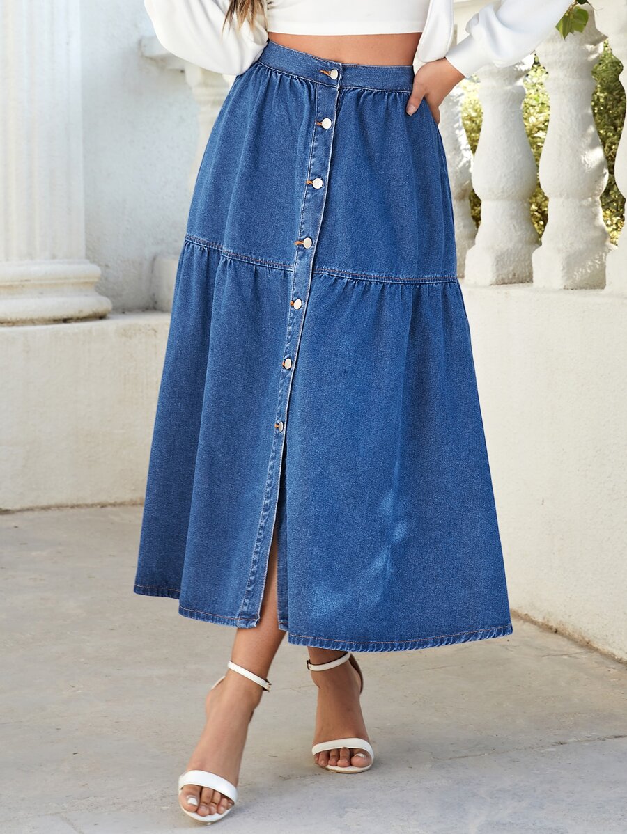 SHEIN Essnce 前紐扣荷葉邊牛仔半身裙 - 中等水洗藍 - 查看 1