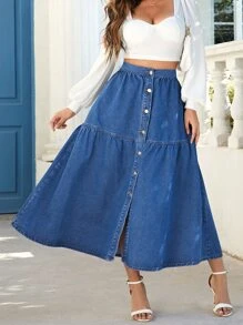 SHEIN Essnce 前紐扣荷葉邊牛仔半身裙 - 中等水洗藍 - 查看 4