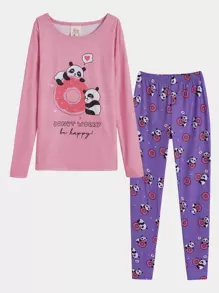 Girls Panda & Slogan Graphic Snug Fit PJ Set - Multicolor - View 1